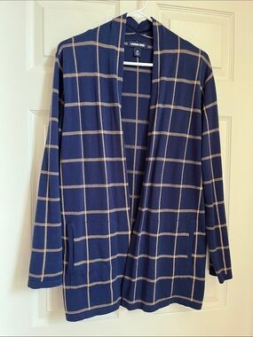 Women's Lands' End Navy Open-Front Cardigan with Tan Grid - Medium